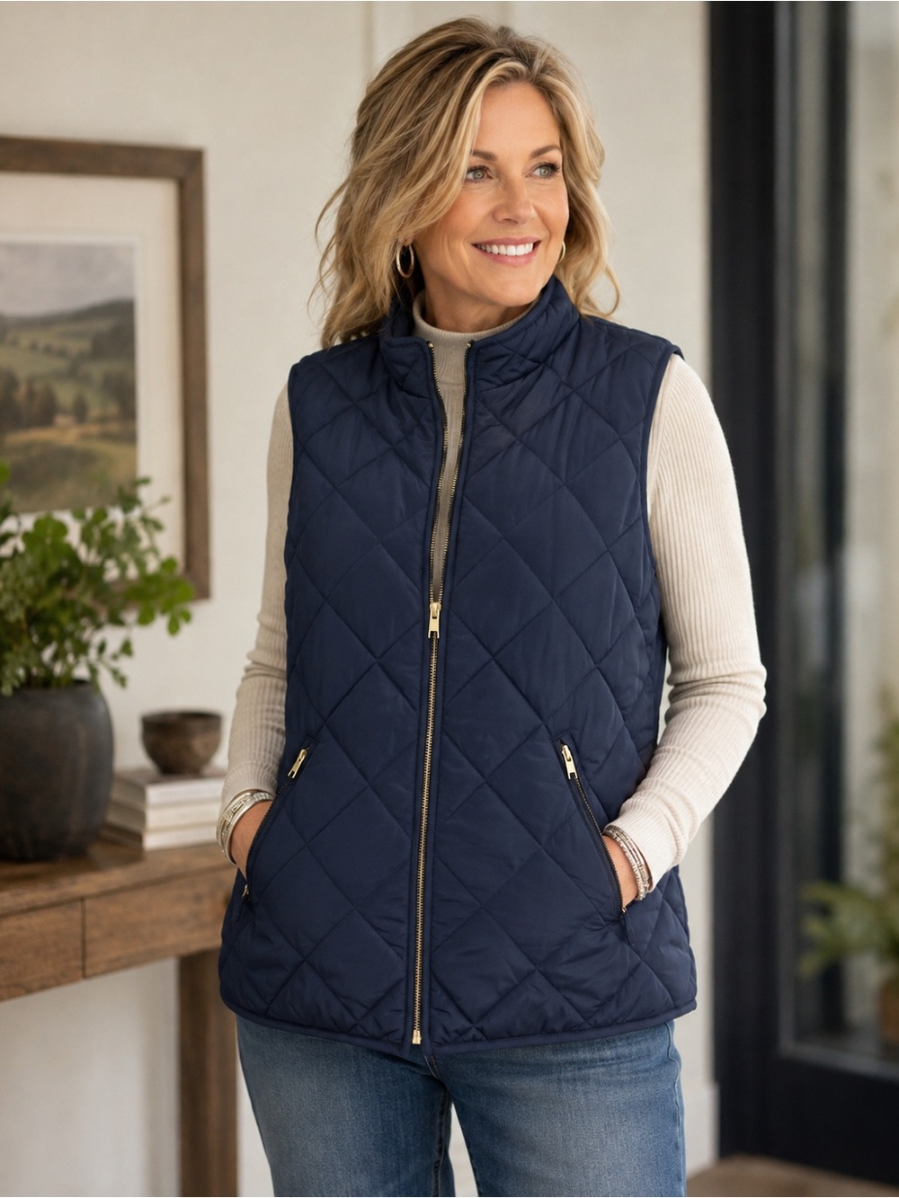 Crown & Ivy Navy Blue Puffer Vest Nautical Vineyard Vines Preppy Outdoors